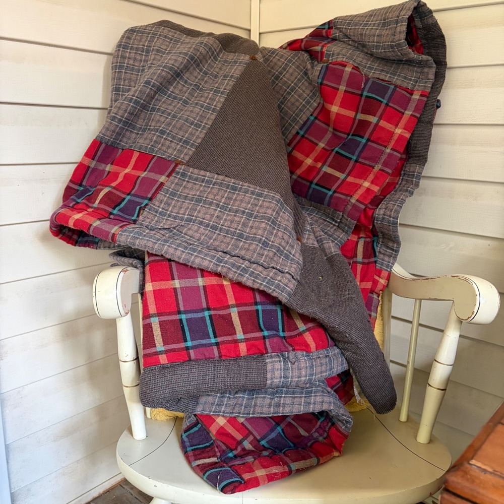 Handmade Vintage Patchwork Quilt Red Grey Plaid Rustic Farmhouse Blanket 85x65
